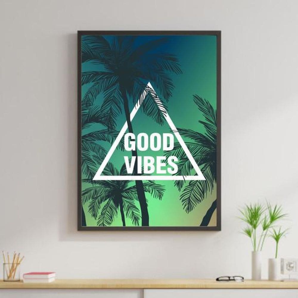 Quadro Decorativo Good Vibes - Palmeira E Por Do Sol 34x23cm