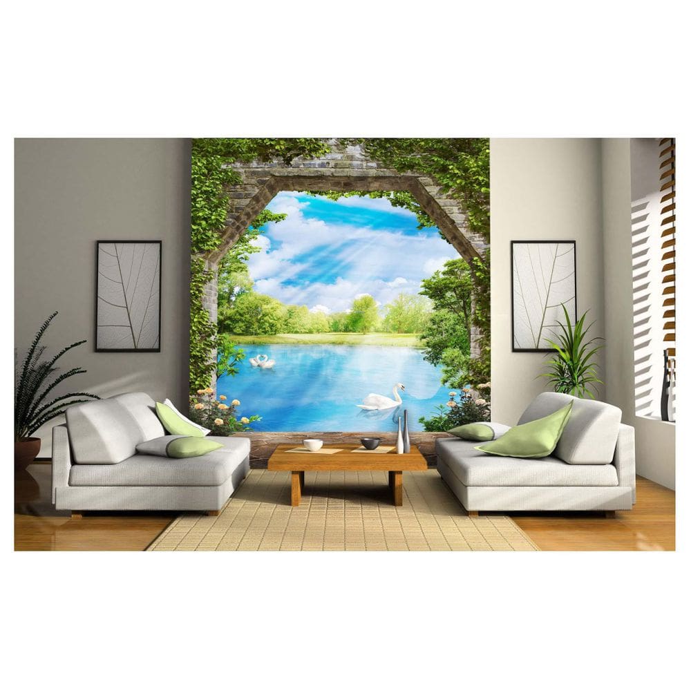 Papel De Parede Paisagem Digital Jardim Lago  Dah07