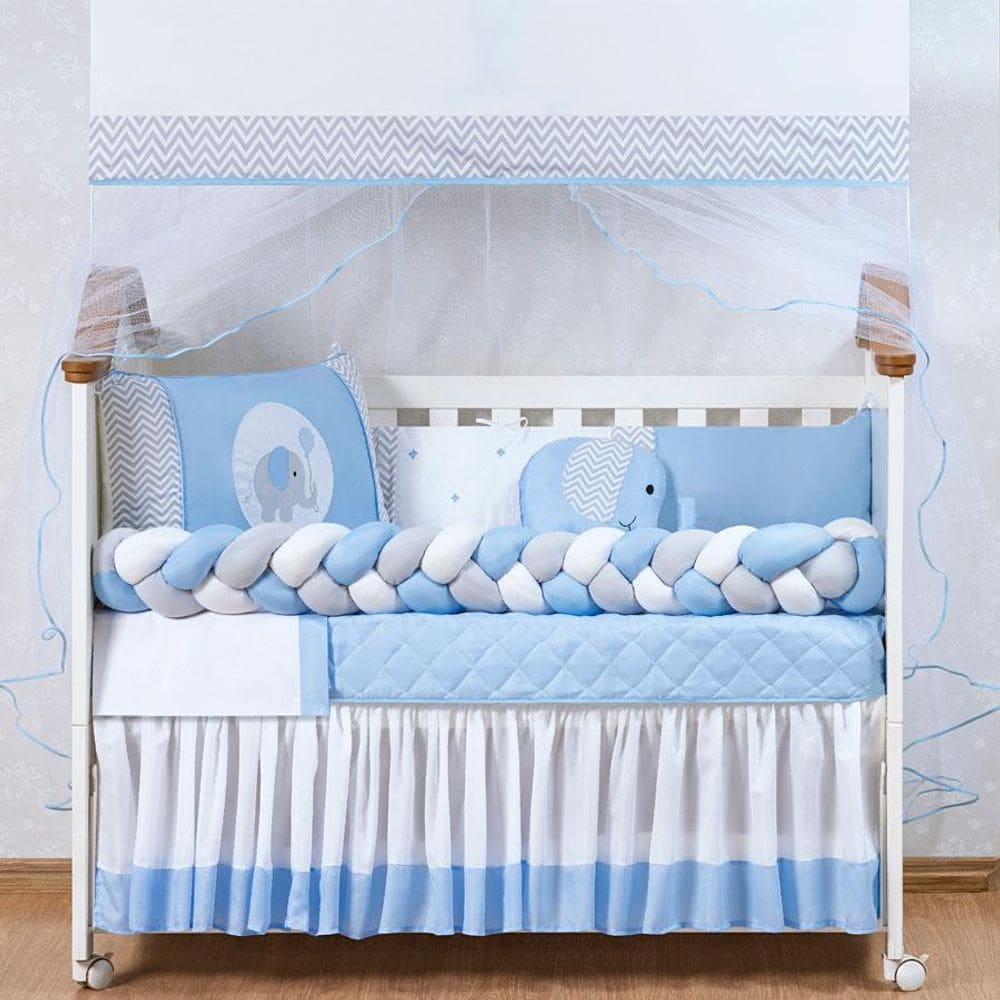 Jogo de Berço Menina 14 Peças Elefante Trança Com Saia Rosa