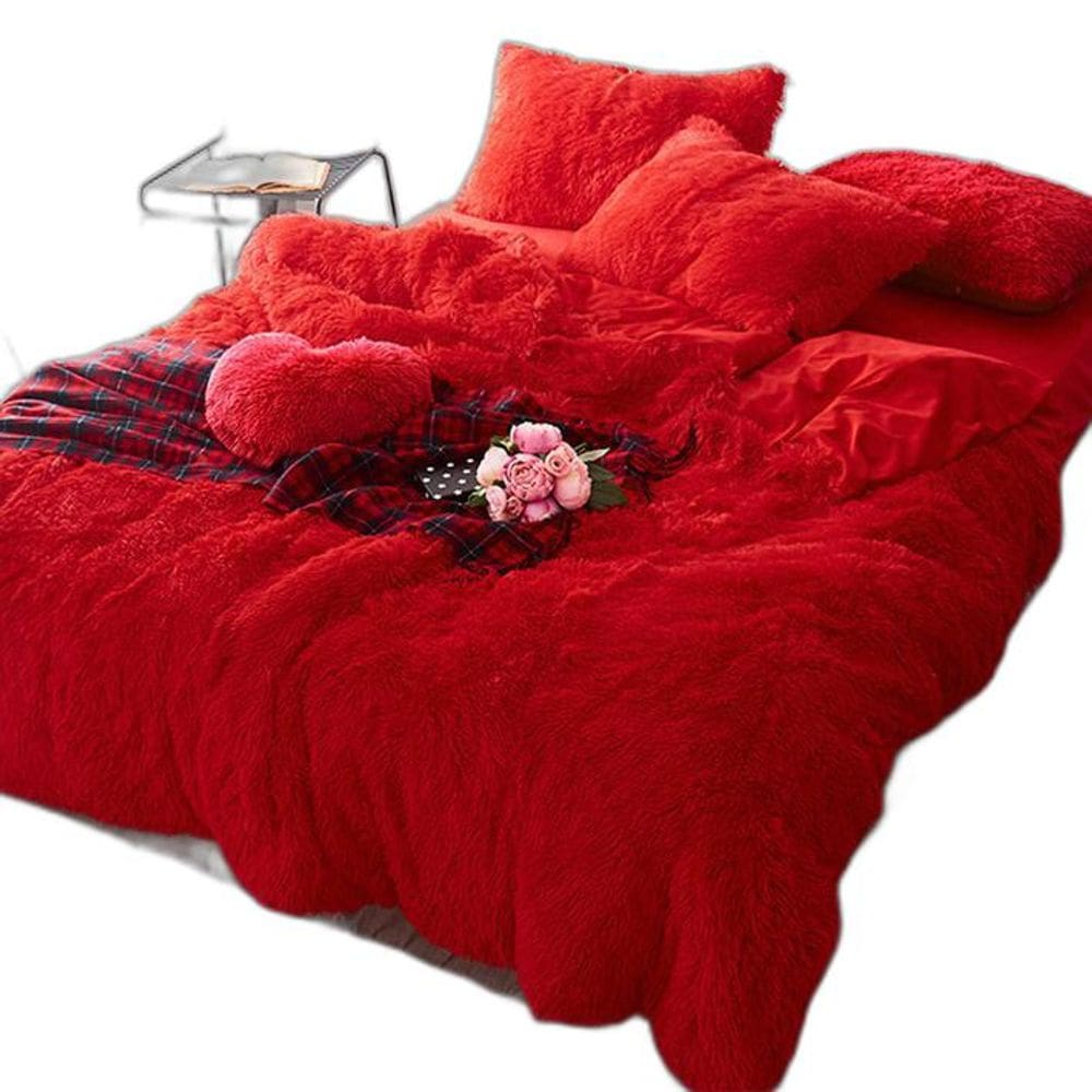 Jogo De Cama Casal Comum 6 Peça Edredom Pelúcia Vermelho