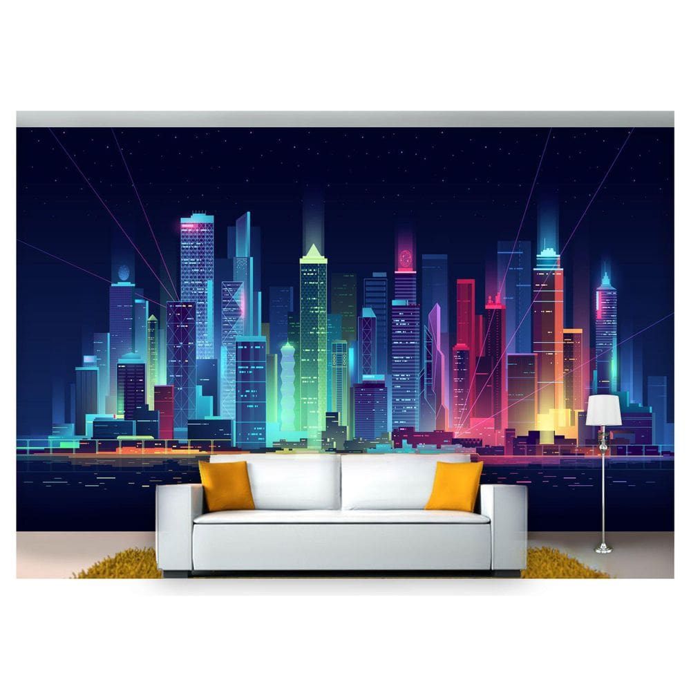 Papel De Parede Cidade Prédios Retrô Wave 3D Ncd229