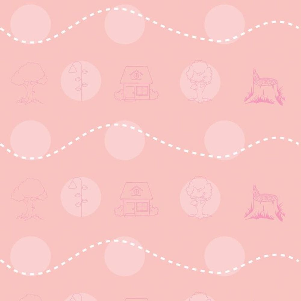 Papel De Parede Arvore E Casa Fundo Rosa Quarto Infantil