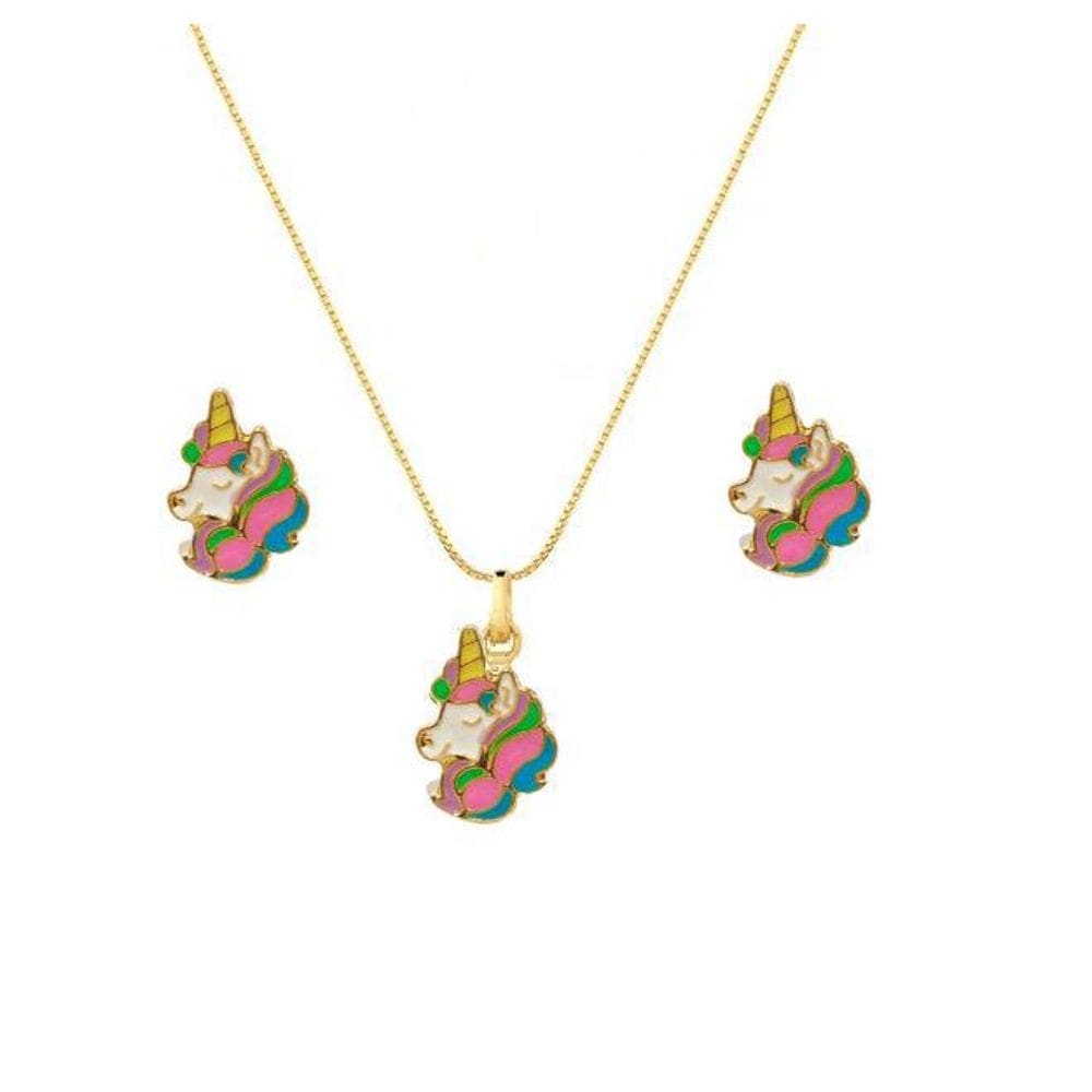 Conjunto Kit Infantil Brinco/Pingente Unicornio Banhado