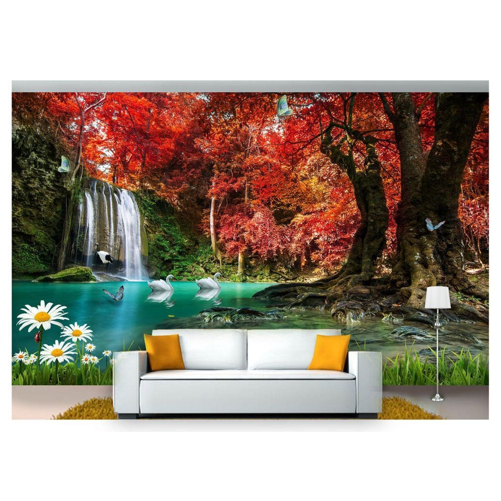 Papel De Parede Cachoeiras Animais Pássaros 3D Xch03 3M²