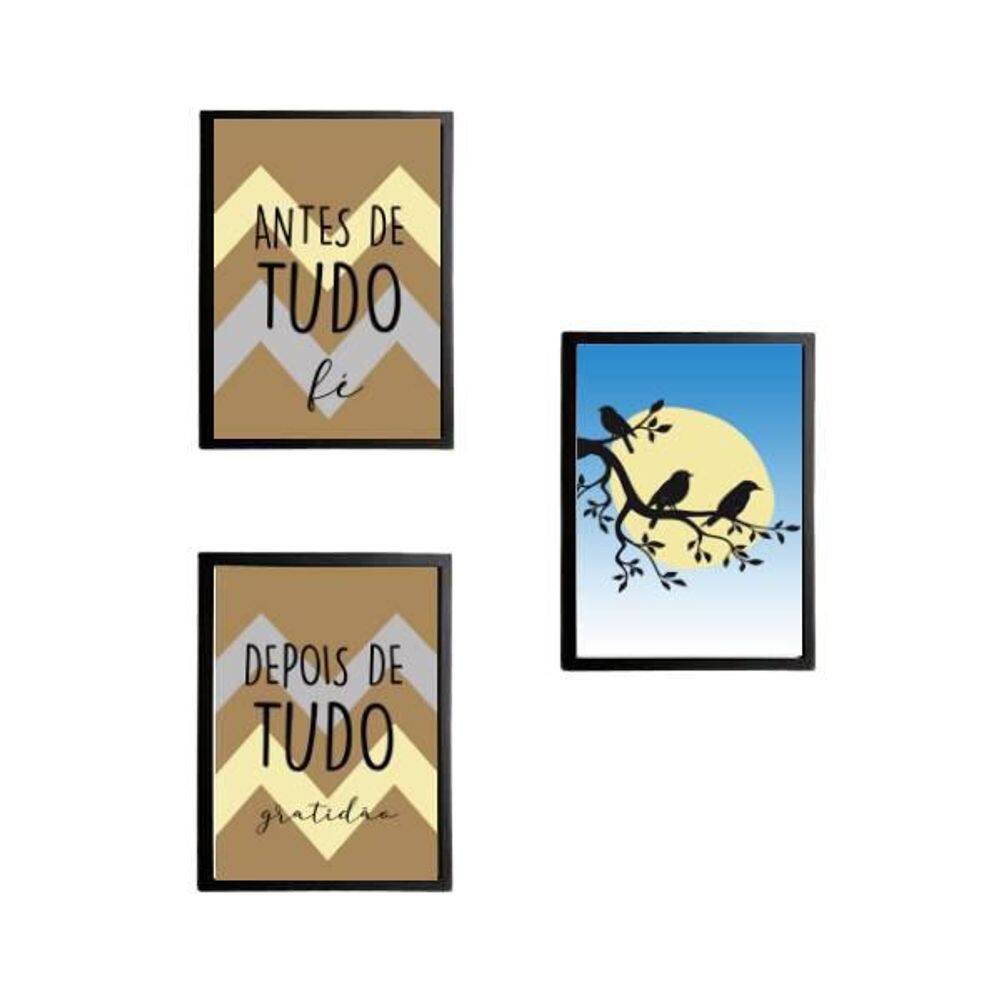 Kit 3 Quadros Decorativos Fé E Gratidão Pássaros