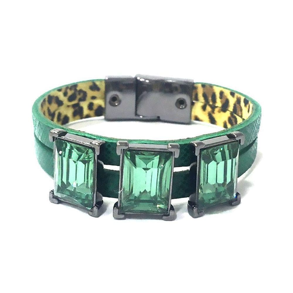 Pulseira Armazem Rr Bijoux Couro Cristais Verde