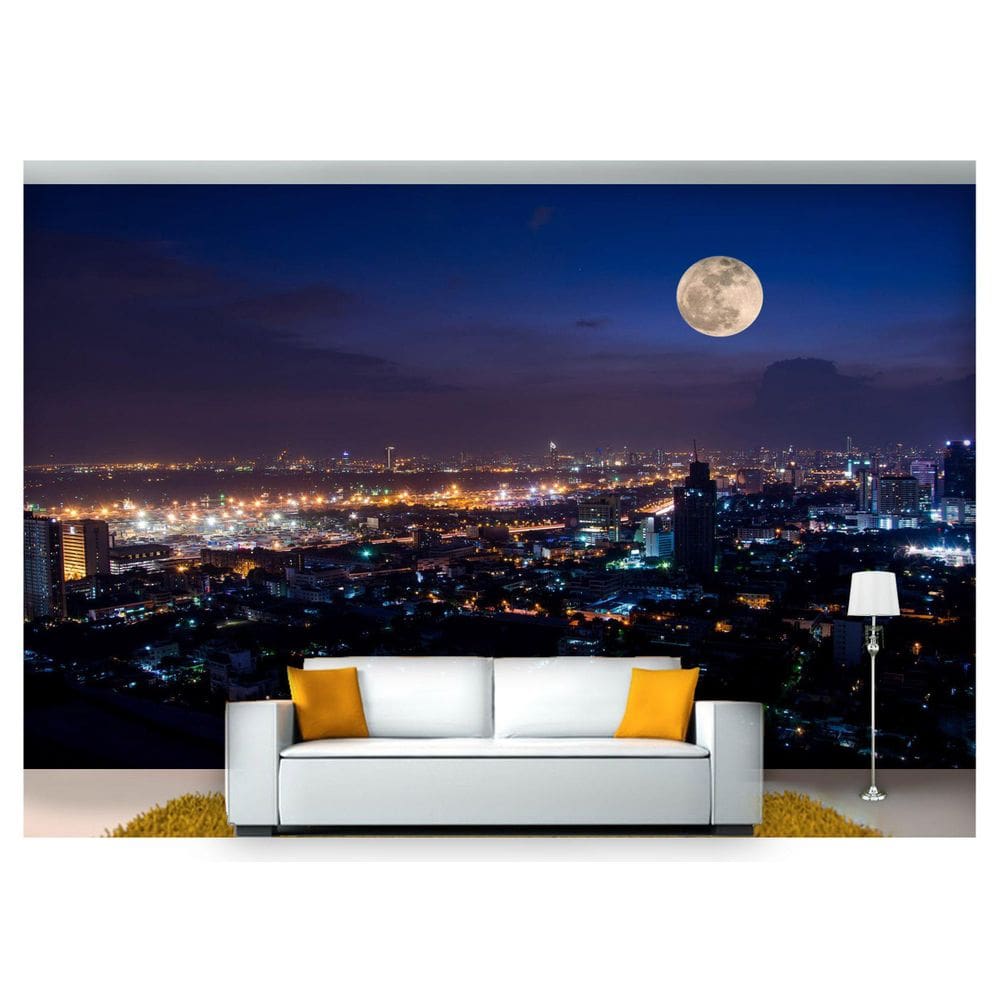 Papel De Parede Cidade Prédios Noite Lua 3D Ncd198