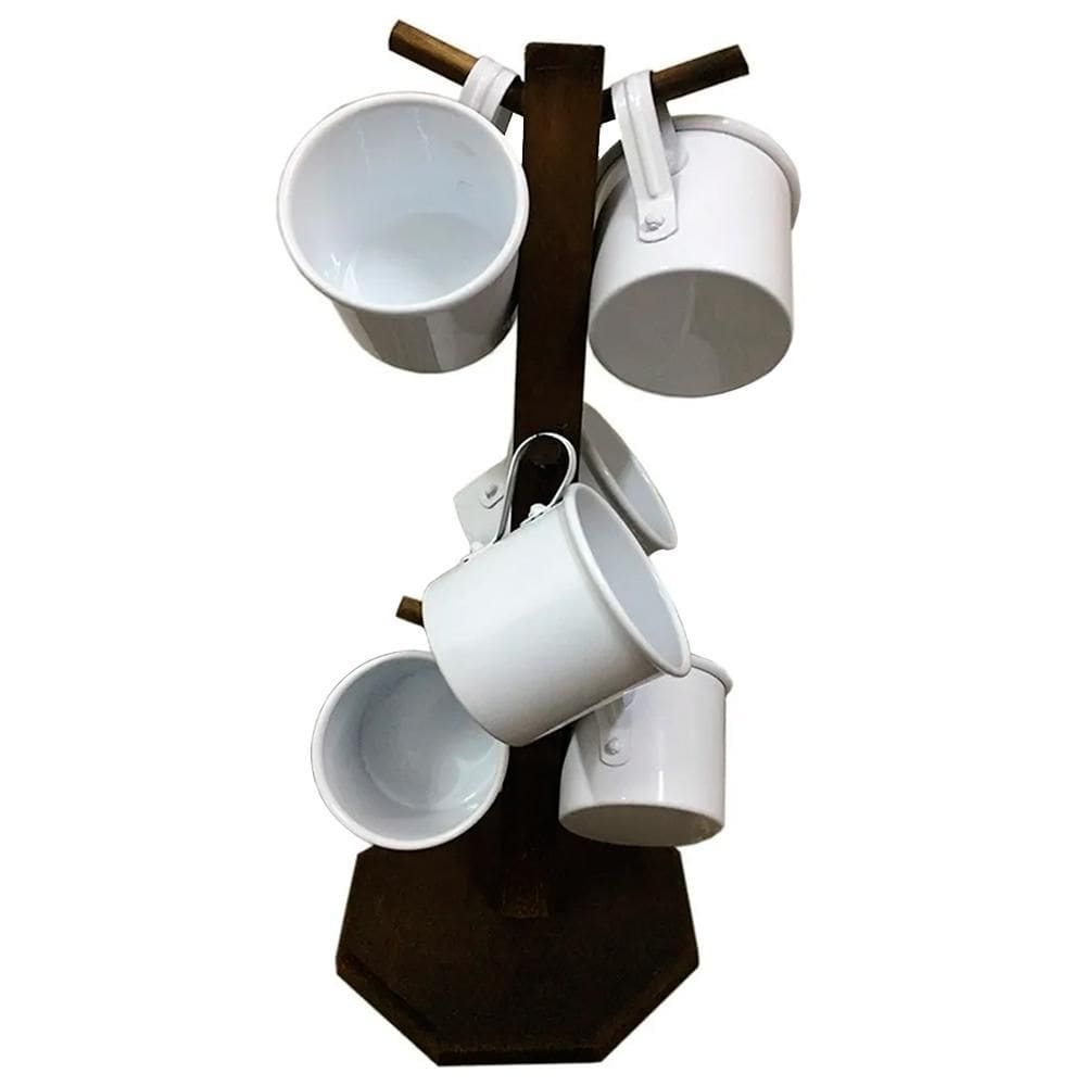 Suporte Rústico 6 Canecas Café Alumínio Esmaltadas Branca