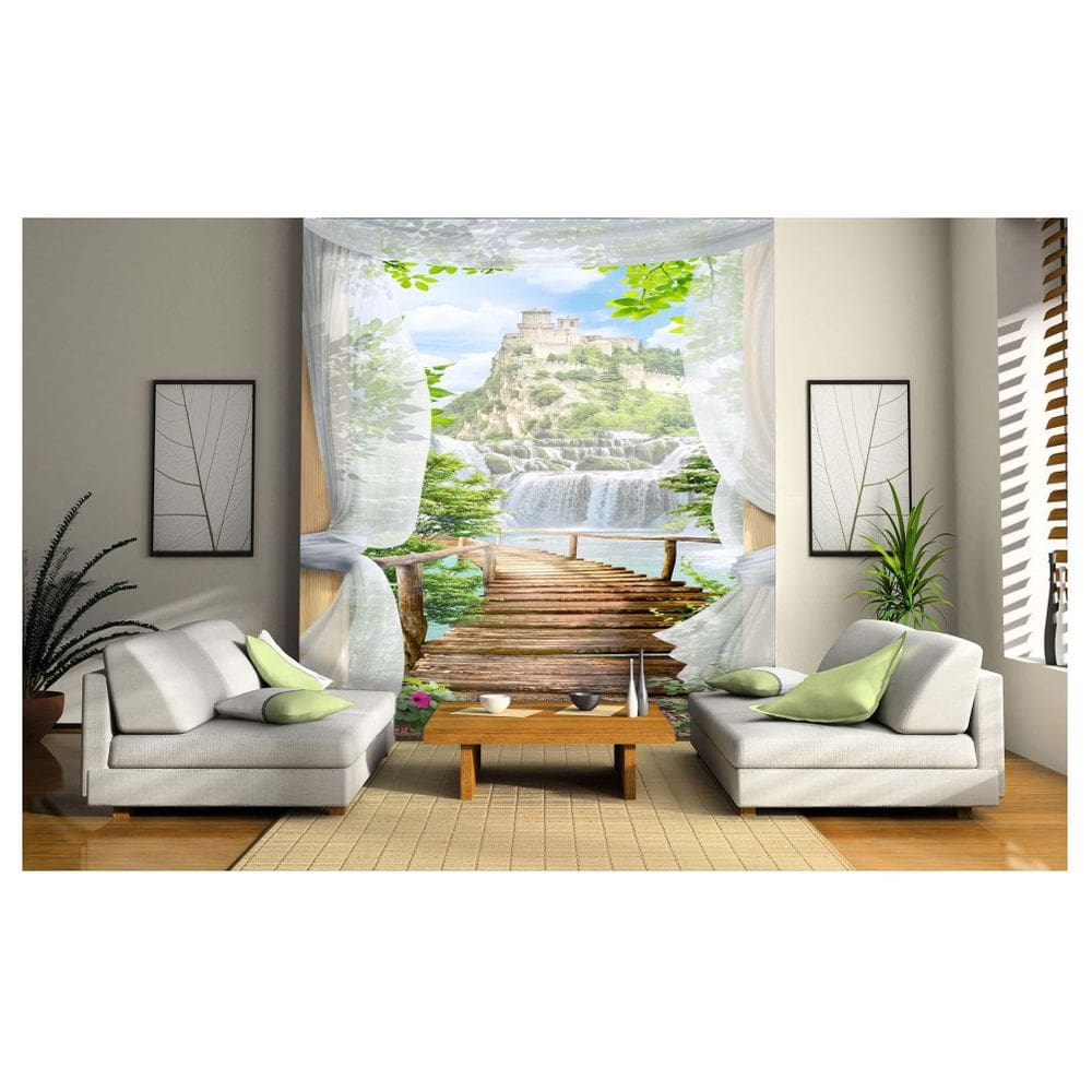 Papel De Parede Paisagem Castelo Cachoeira 3D Dav13