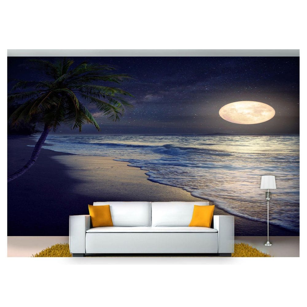 Papel De Parede Lua Noite Praia Coqueiro 3D Nsk74