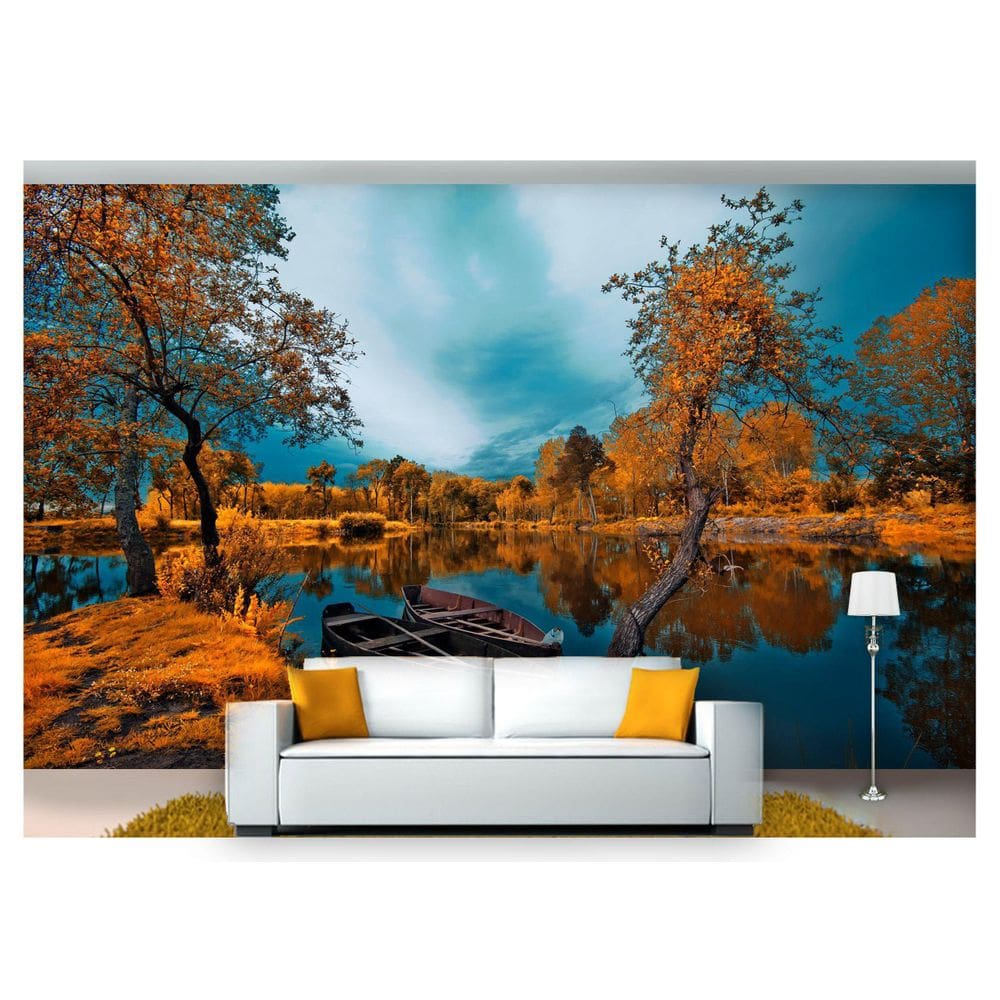 Papel De Parede Lago Canoa Árvore Outono 3D  Nlk147