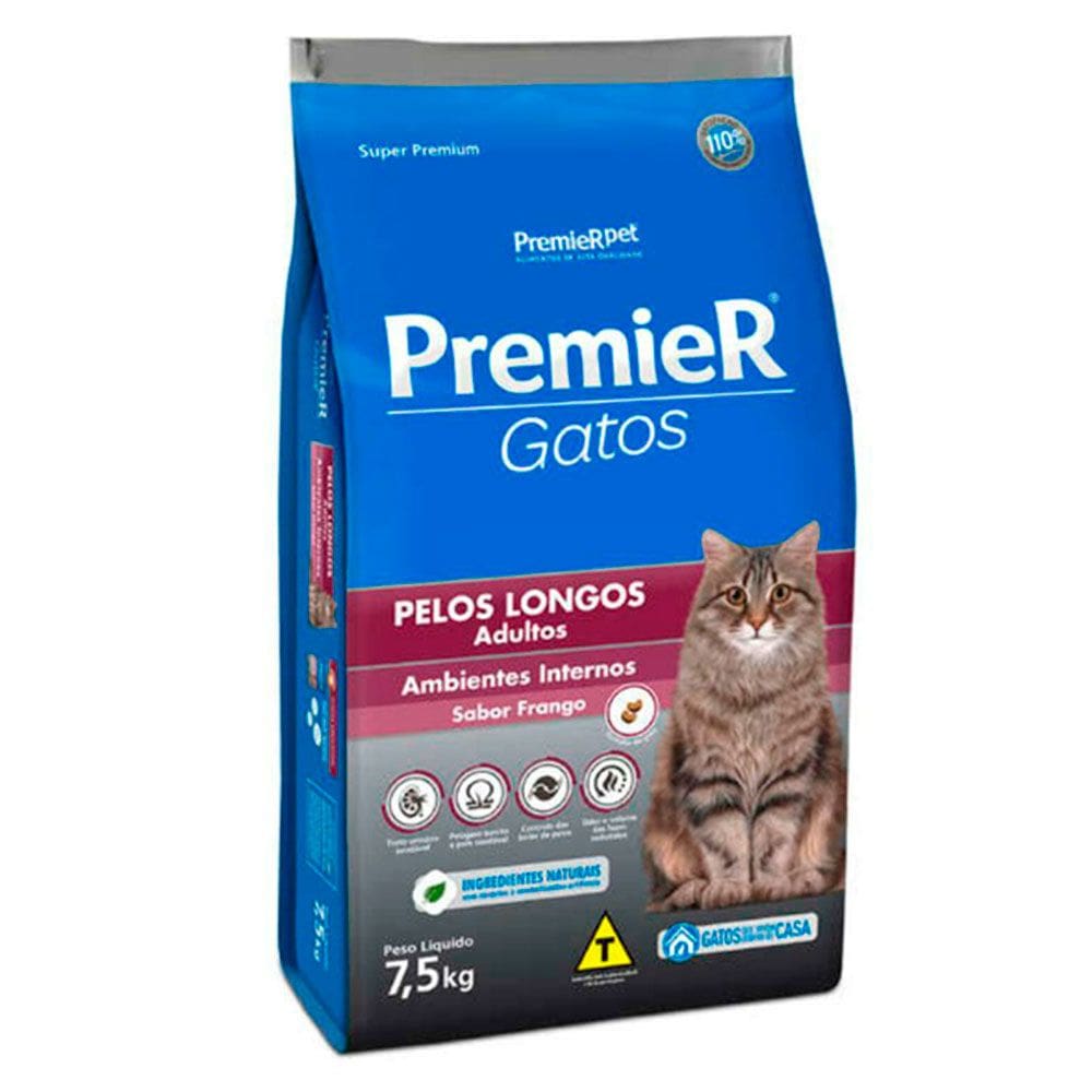 Ração Premier Gatos Adultos Pelos Longos Ambientes Internos Frango 7,5