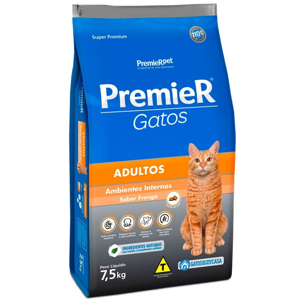 Ração Premier Gatos Adultos Ambientes Internos Frango 7,5kg