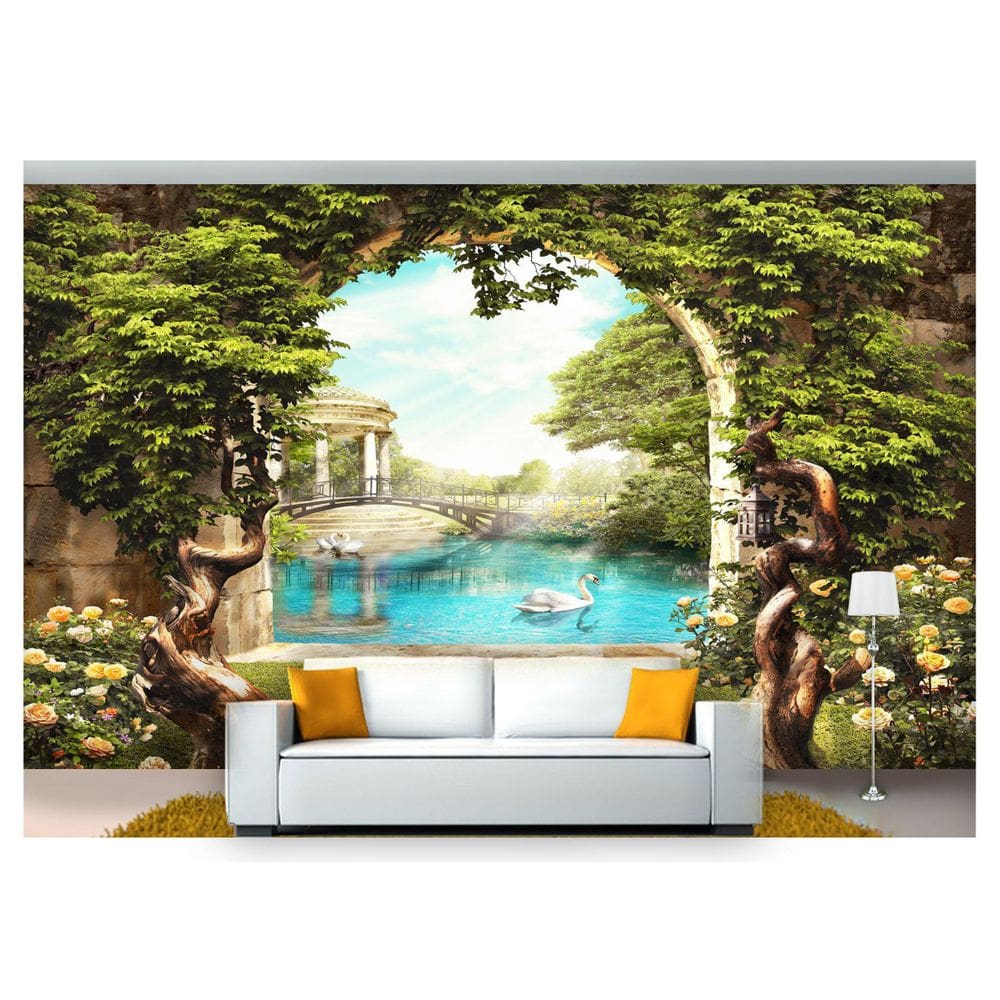 Papel De Parede Paisagem Digital Jardim Lago  Dah13