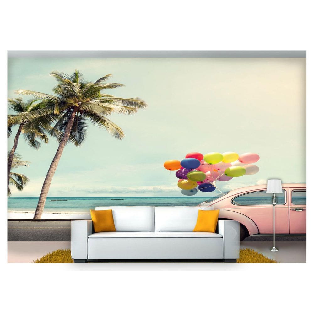 Papel De Parede Praia Mar Coqueiros Fusca 3D  Npr208