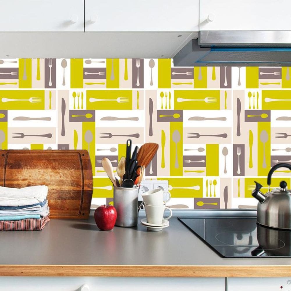 Papel Parede Talheres Coloridos Autocolante Lavável Cozinha