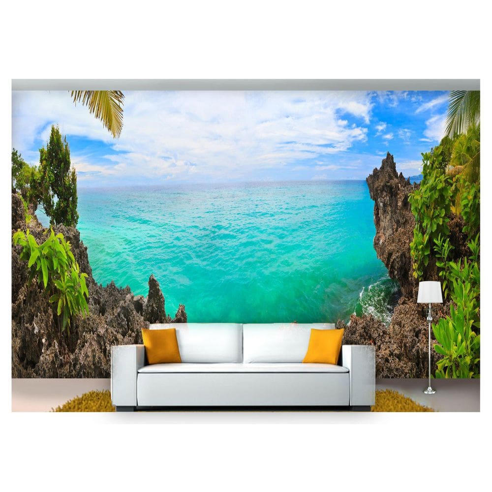 Papel De Parede Praia Mar Rochas Agua 3D  Npr198