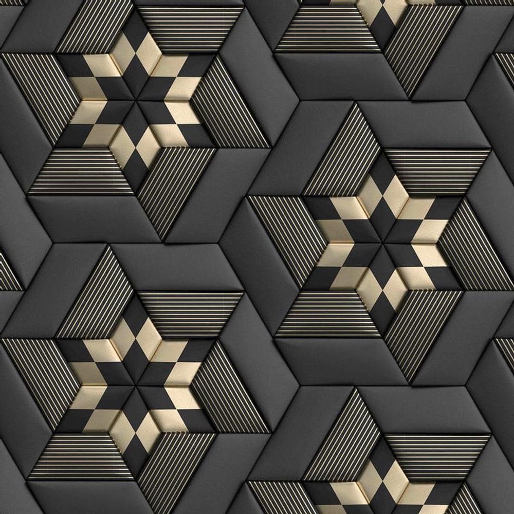 Papel De Parede 3D Preto E Dourado Geometrico Autocolante