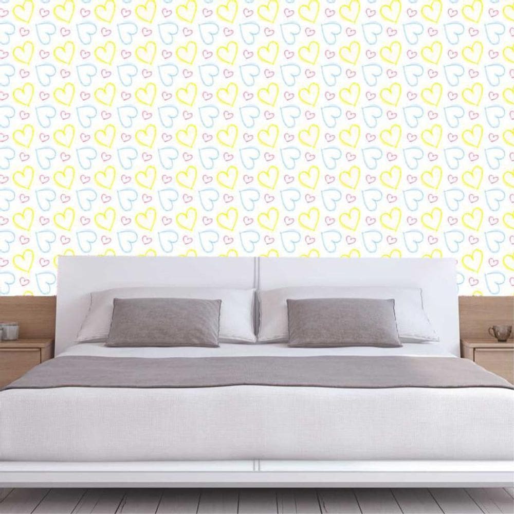 Papel De Parede Corações Amarelo Vermelho Azul Autocolante