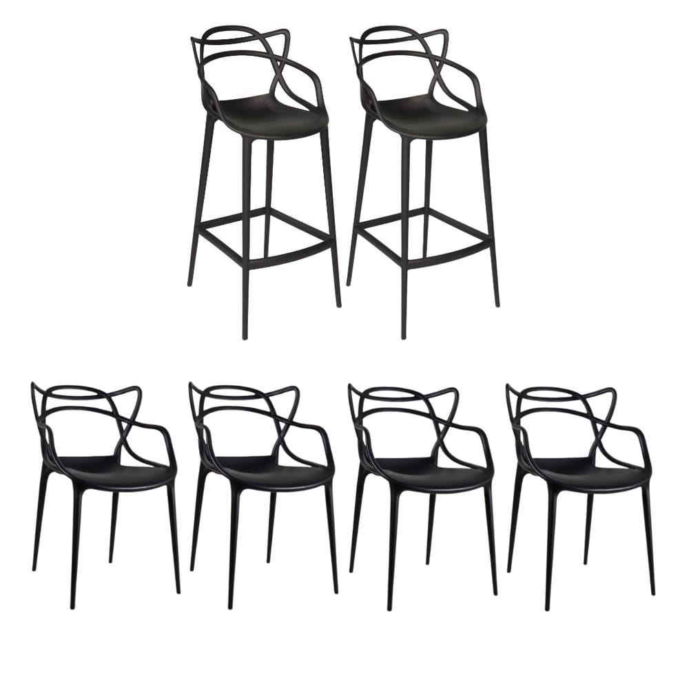 Kit 2 Banquetas Allegra Altas e 4 Cadeiras Masters em Polipropileno, Preto, Laváveis para Praia, Bar, Cozinha e Piscina