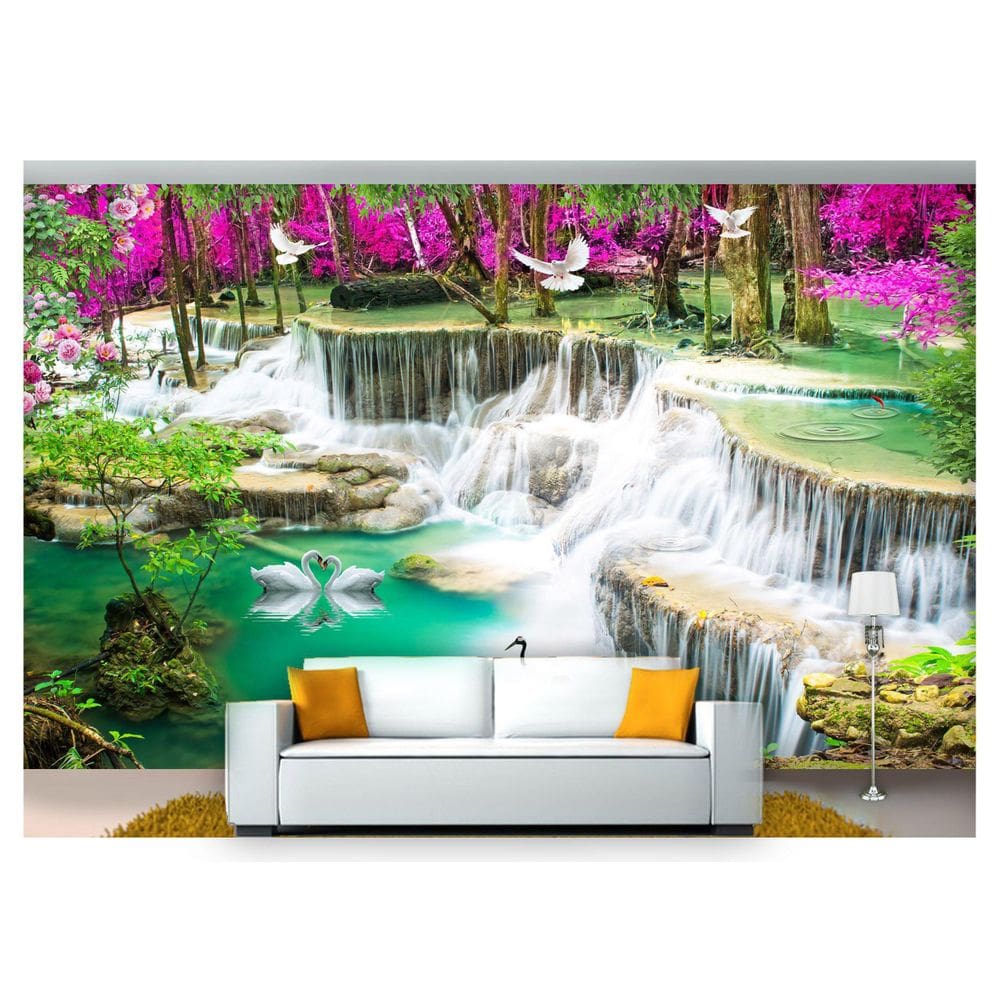 Papel De Parede Cachoeiras Animais Pássaros 3D Xch10 3M²
