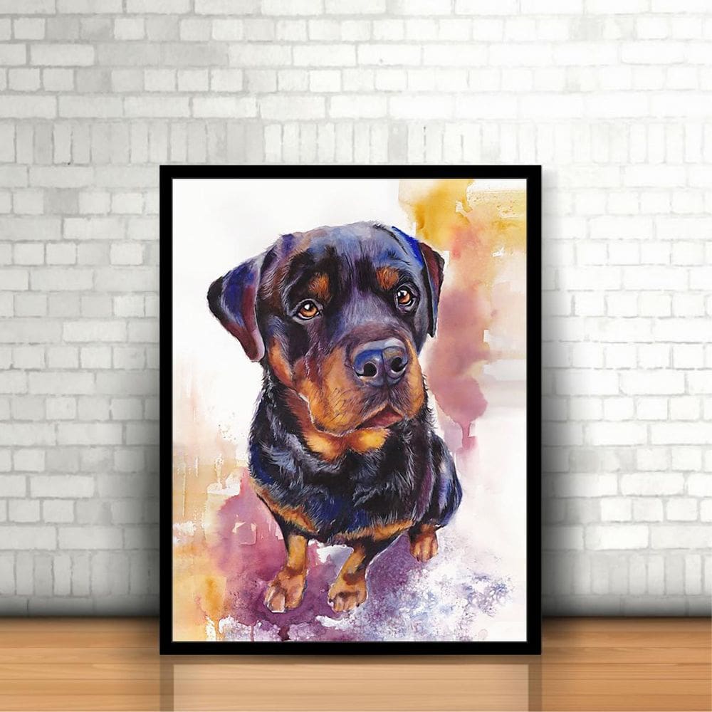 Quadro Com Moldura Cachorro Pintura Aquarela 30X40Cm