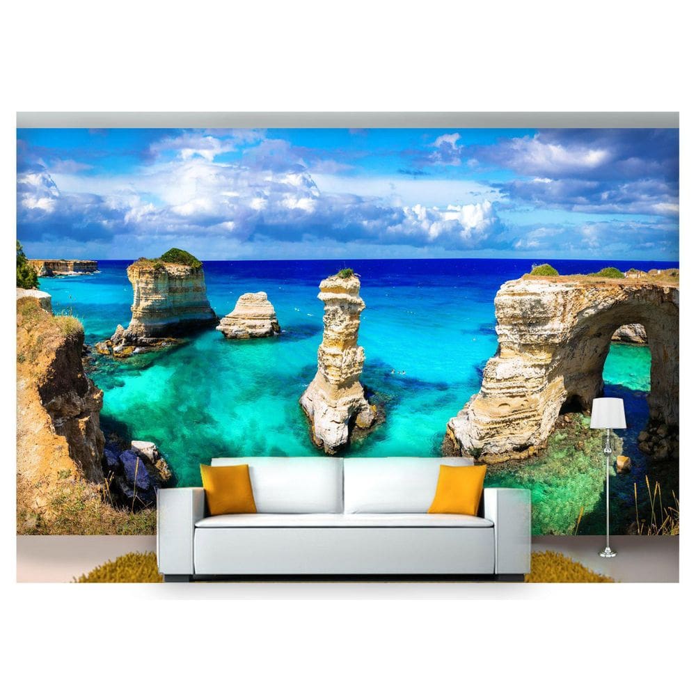 Papel De Parede Praia Mar Azul Costa Rocha 3D  Npr234