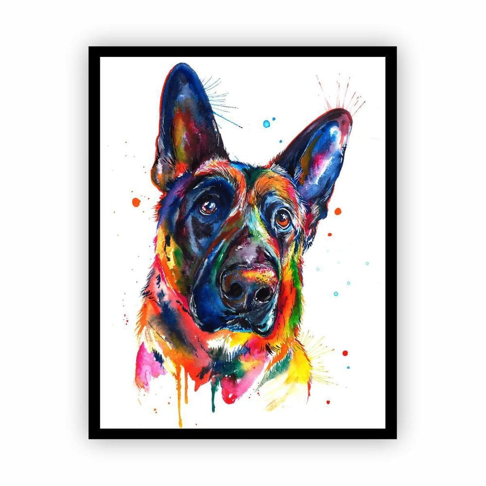 Quadro Cachorro Tinta Colorida Moldura Preta 30X40Cm