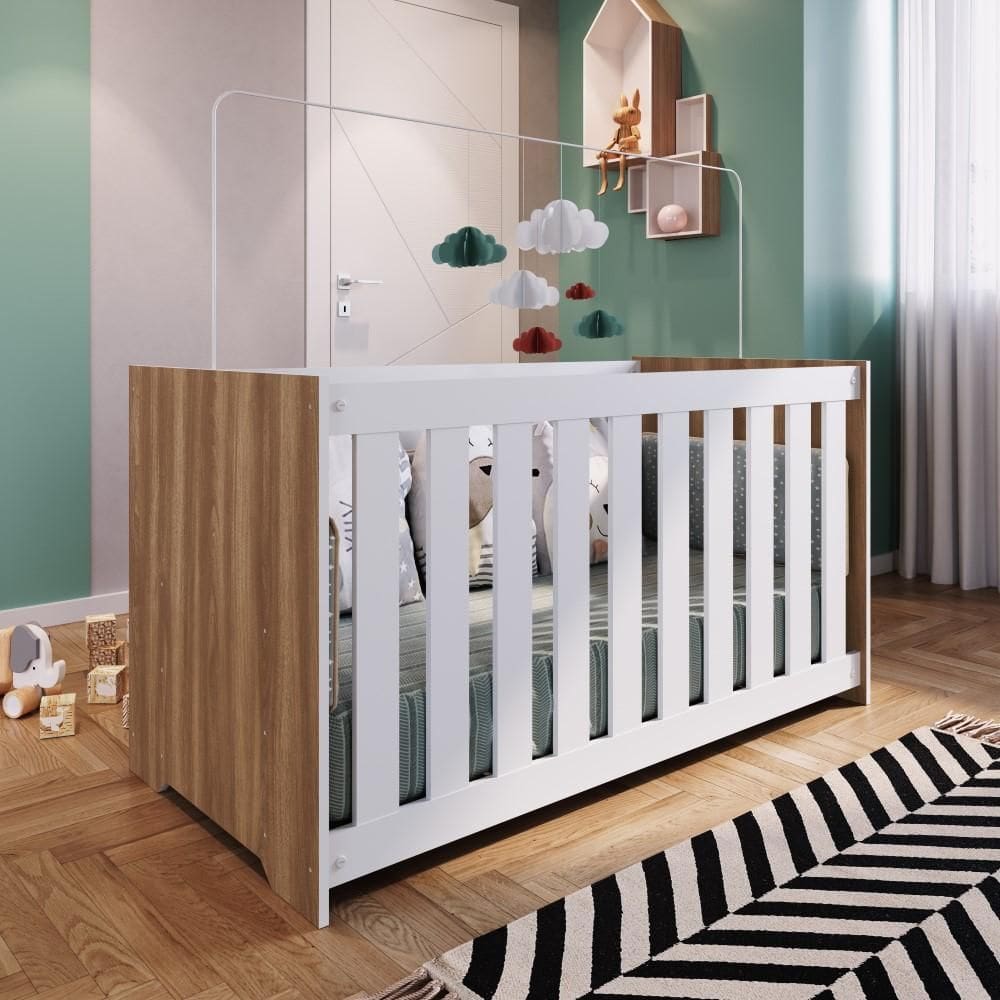 Berço Linha Aconchego Mini Cama Com Estrado e Grade Quarto Infantil Marrom Madeira e Branco