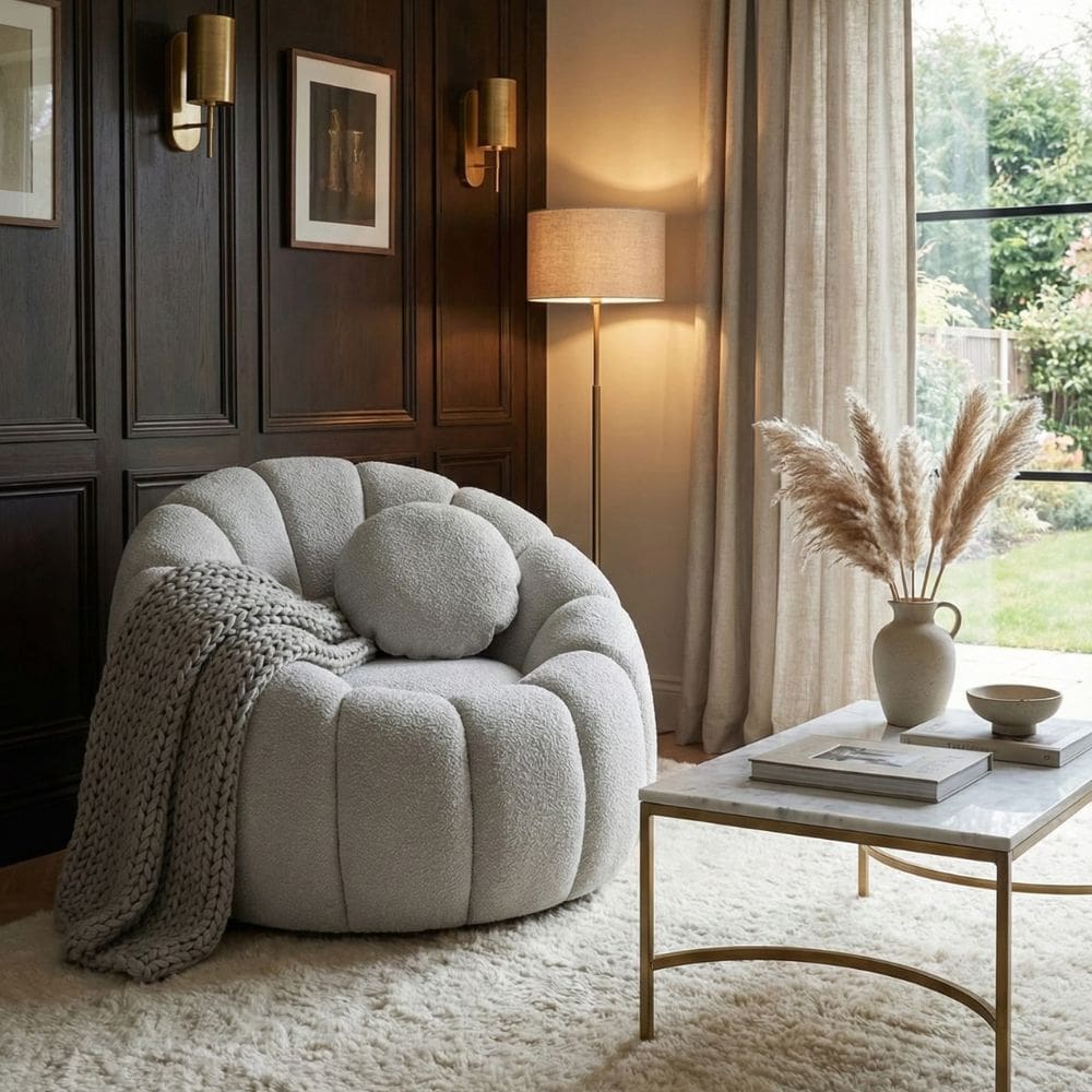 Poltrona Decorativa Concha C/Almofada Boucle Cinza Claro Abobora - Montanaris Decor