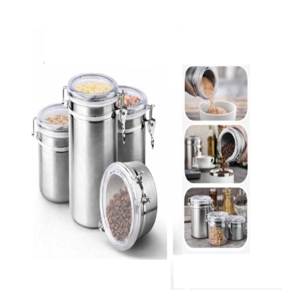 Kit 4 Potes Porta Mantimentos Inox Hermetico Conjunto Tampa Vedaçao Cafe Alimentos Premium Completo