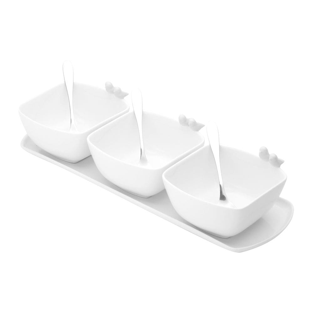 Cj 3 Petisqueiras de Porcelana 12x10x7cm C/Bandeja 35,5x11cm e 3 Colheres Aço Inox Birds Branco Wolff