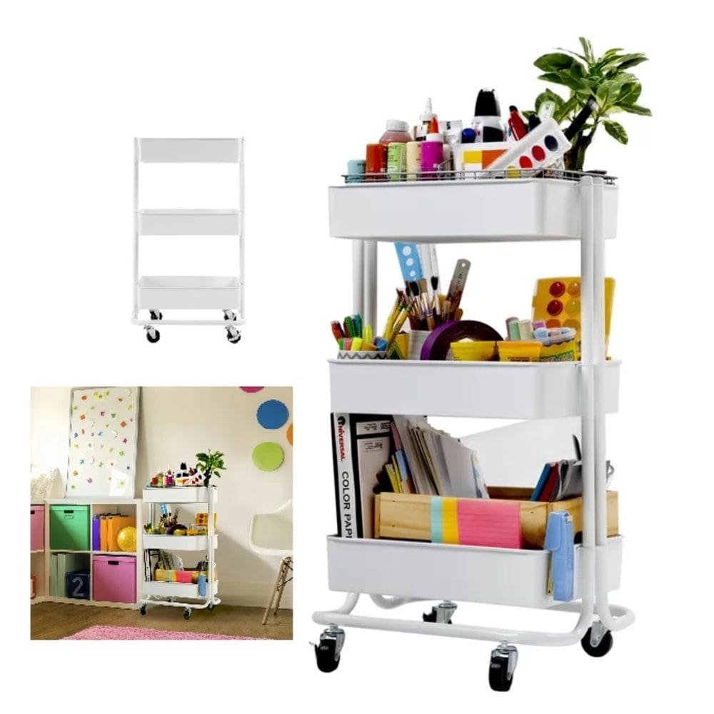 Carrinho Multiuso Organizadora 3 Prateleiras Estante Movel Em Aço Quarto Sala Brinquedos Salao Manicure Varanda Branco
