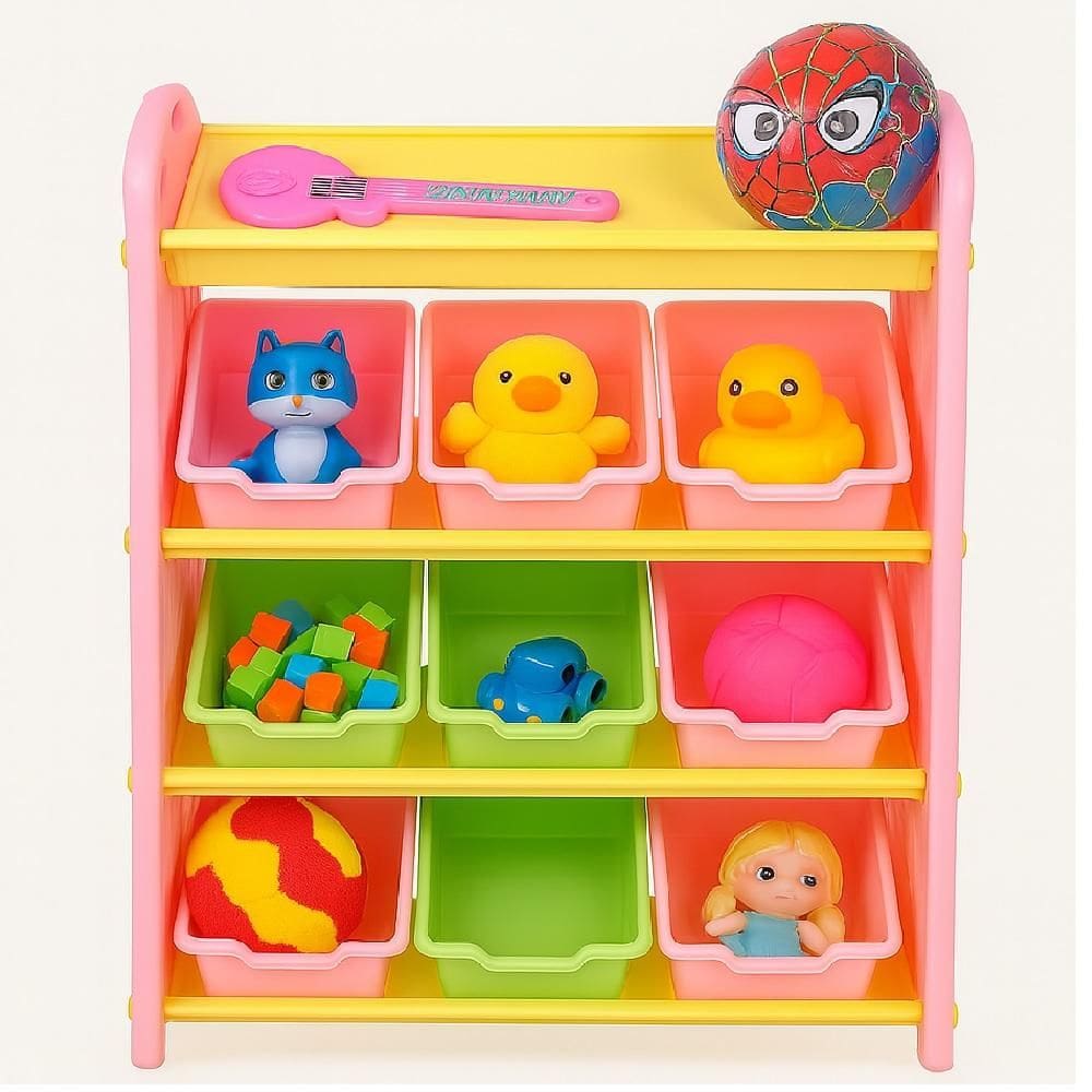 Organizador Infantil Colorido Estante Com 9 Gavetas 4 Prateleiras Porta Treco Para Brinquedos Quarto De Meninas Funciona