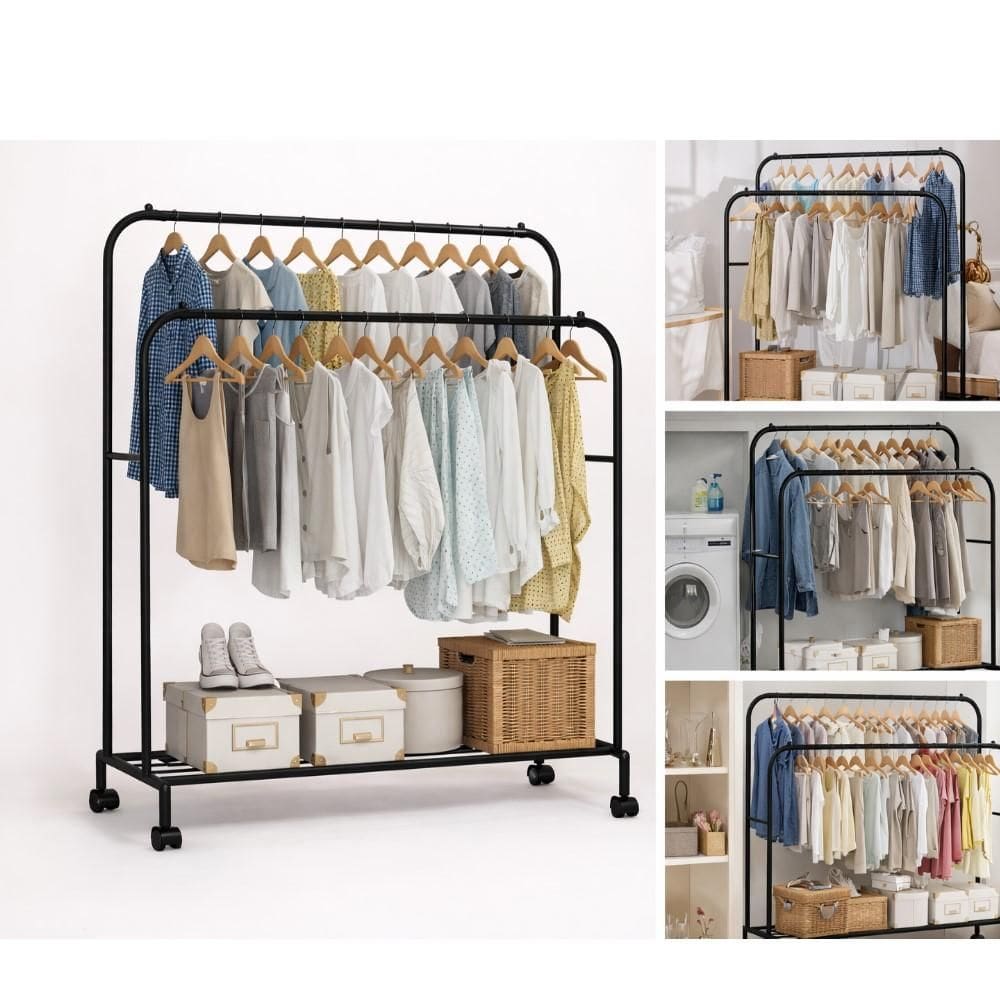 Arara Dupla Portatil Preta Guarda Roupa Metal Sapateira Prateleiras Cabideiro Organizador