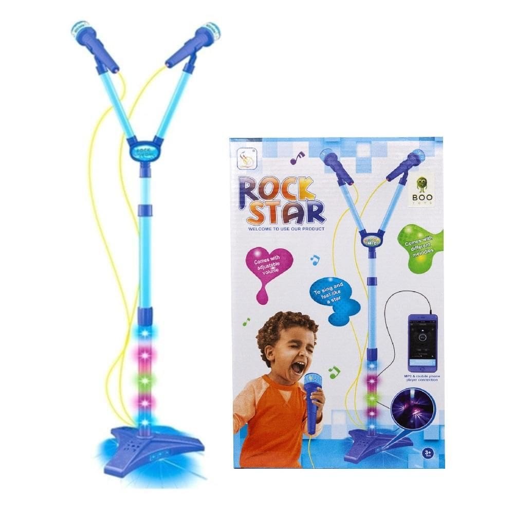 Karaoke Infantil Amplificador Musical Microfone Duplo Pedestal Rock Star Conecta Celular Mp3 Luz Azul