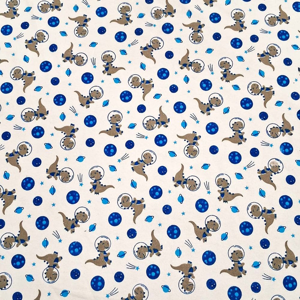 Tecido Moletinho Estampado Flanelado 100% Algodão Dinossauro Azul