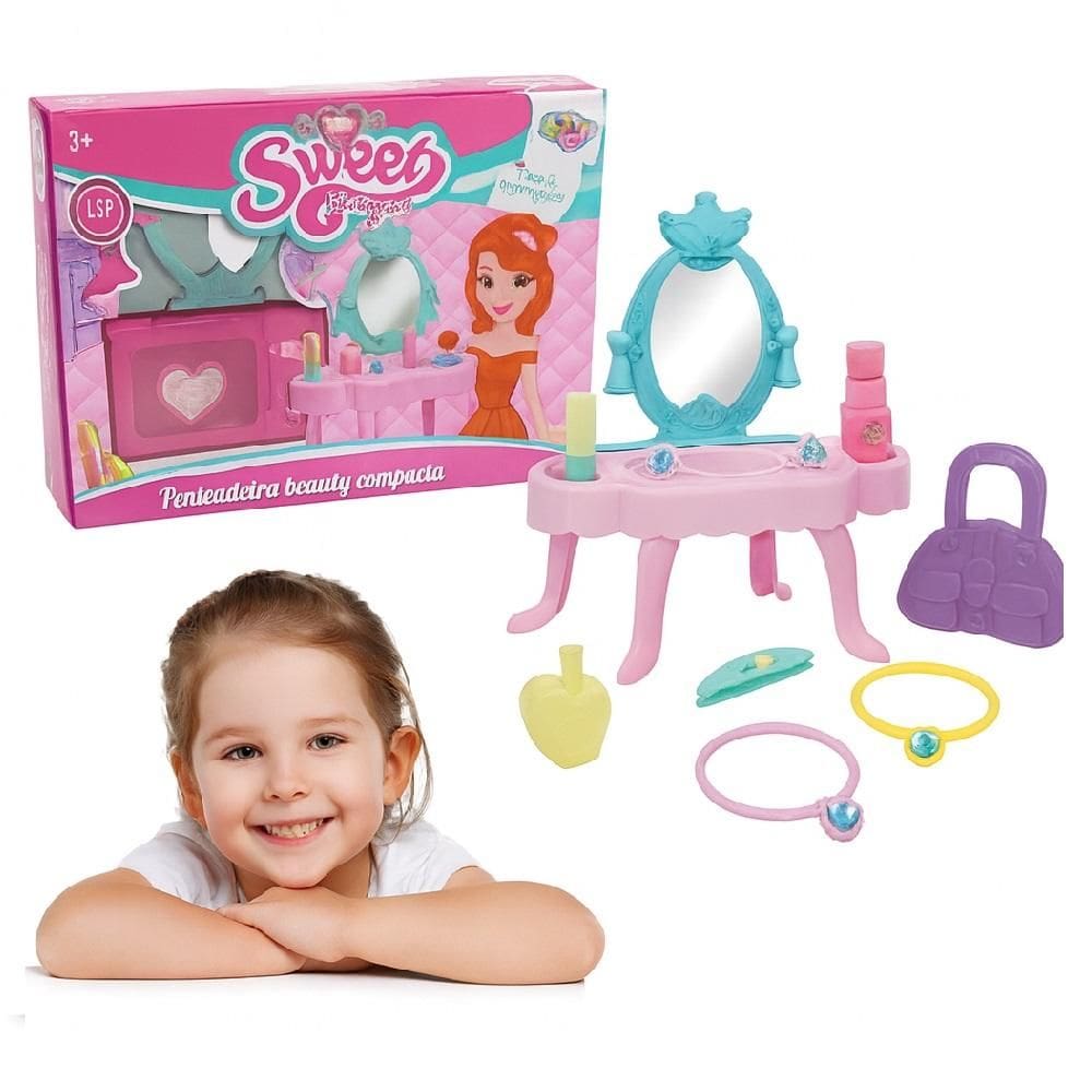 Penteadeira Princesa Com Espelho Infantil Acessorios Brinquedo Rosa Menina
