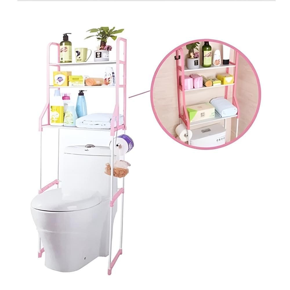 Estante Organizadora Rosa 3 Prateleiras Portatil Para Banheiro Lavabo Lavanderia Com Porta Toalhas