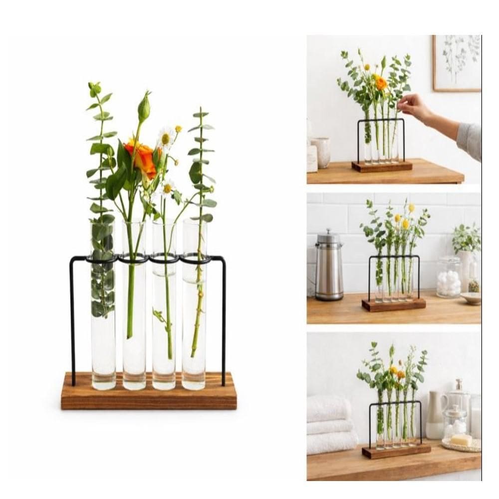 Kit Vasos Hidroponico Flor Ferro Base Madeira 4 Tubos Hidroponia Terrario Suporte 4 Em 1 Mesa Bancada Escritorio Sala Vi