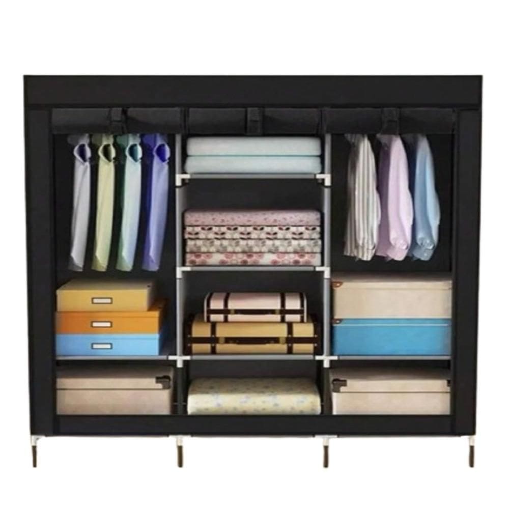 Arara Portatil Dobravel Grande Com Prateleiras E Cabideiro Organizador De Roupas Armario Preto Para Quarto Ou Closet