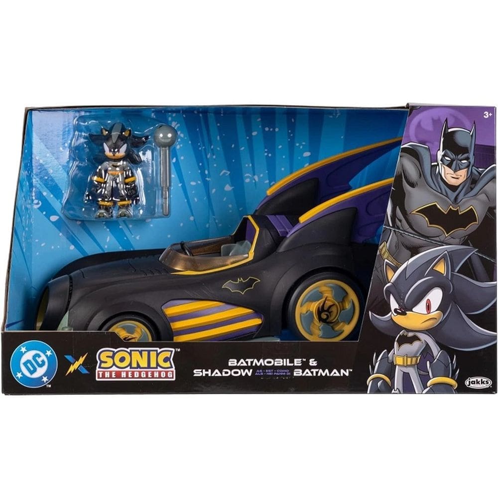 Sonic The Hedgehog e DC –  Boneco Shadow Batman Com Batmovel – Veiculo 30 Cm  Dispara dardo - Sunny