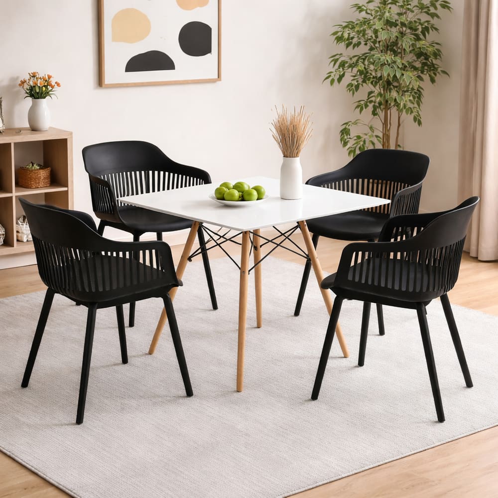 Conjunto Mesa de Jantar Quadrada 90cm Branco com 4 Cadeiras Marcela – Design Moderno e Sofisticado, Preto