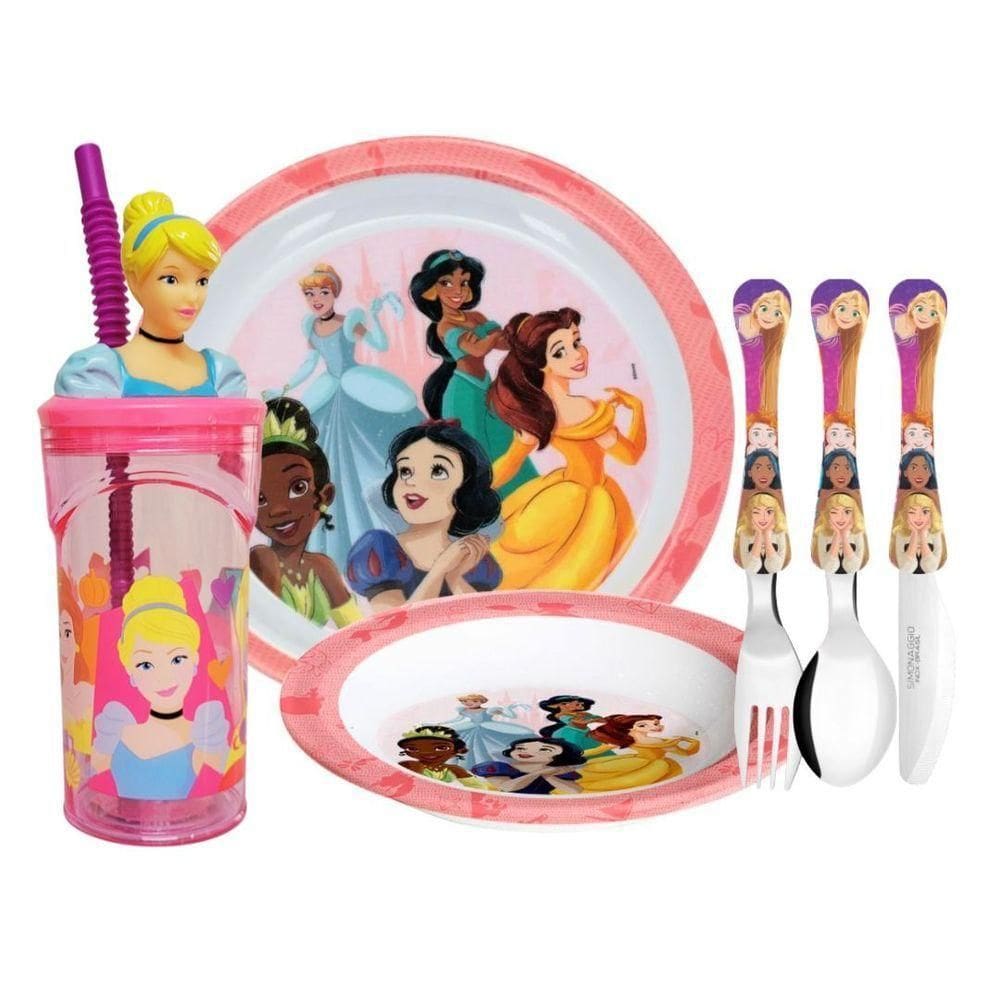 Kit Refeição Infantil Princesas Disney 6 Peças Prato, Tigela, Copo E Talheres - Tuut
