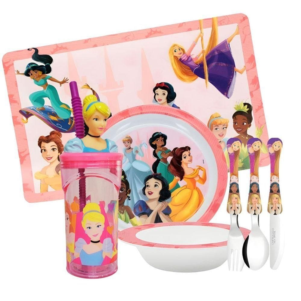 Jogo Refeição Infantil Princesas Disney 7 Peças Tigelas, Copo, Lugar Americano E Talheres - Tuut