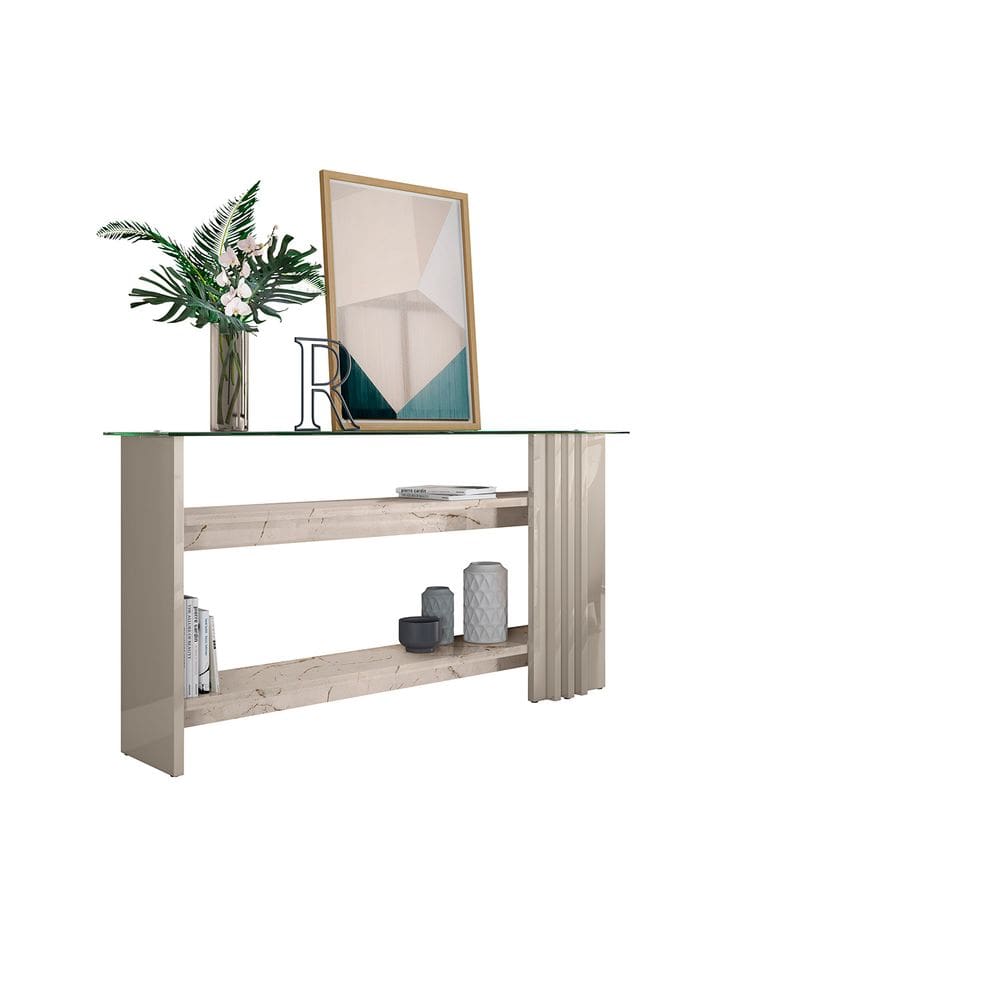 Aparador Frizz 150cm com Prateleiras e Base de Vidro Calacata e Off White Liberty Móveis