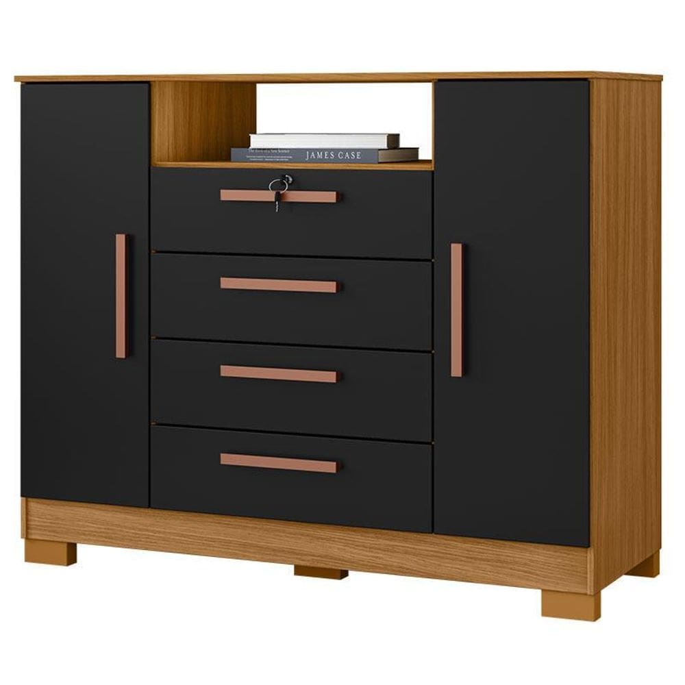 Cômoda Madri 4 Gavetas 2 Portas Carvalho Americano Preto - Incorplac