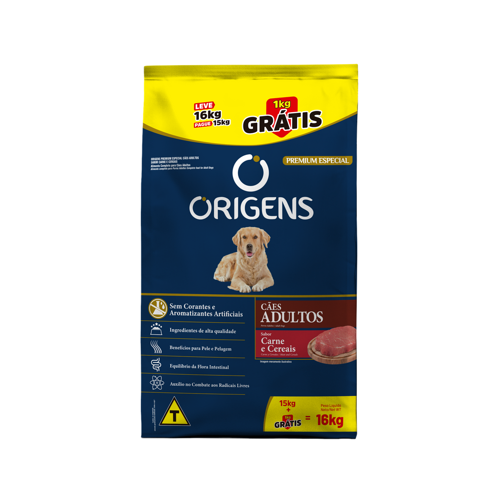 Ração Origens Cães Adultos Bônus Bag Carne E Cereais - 16Kg