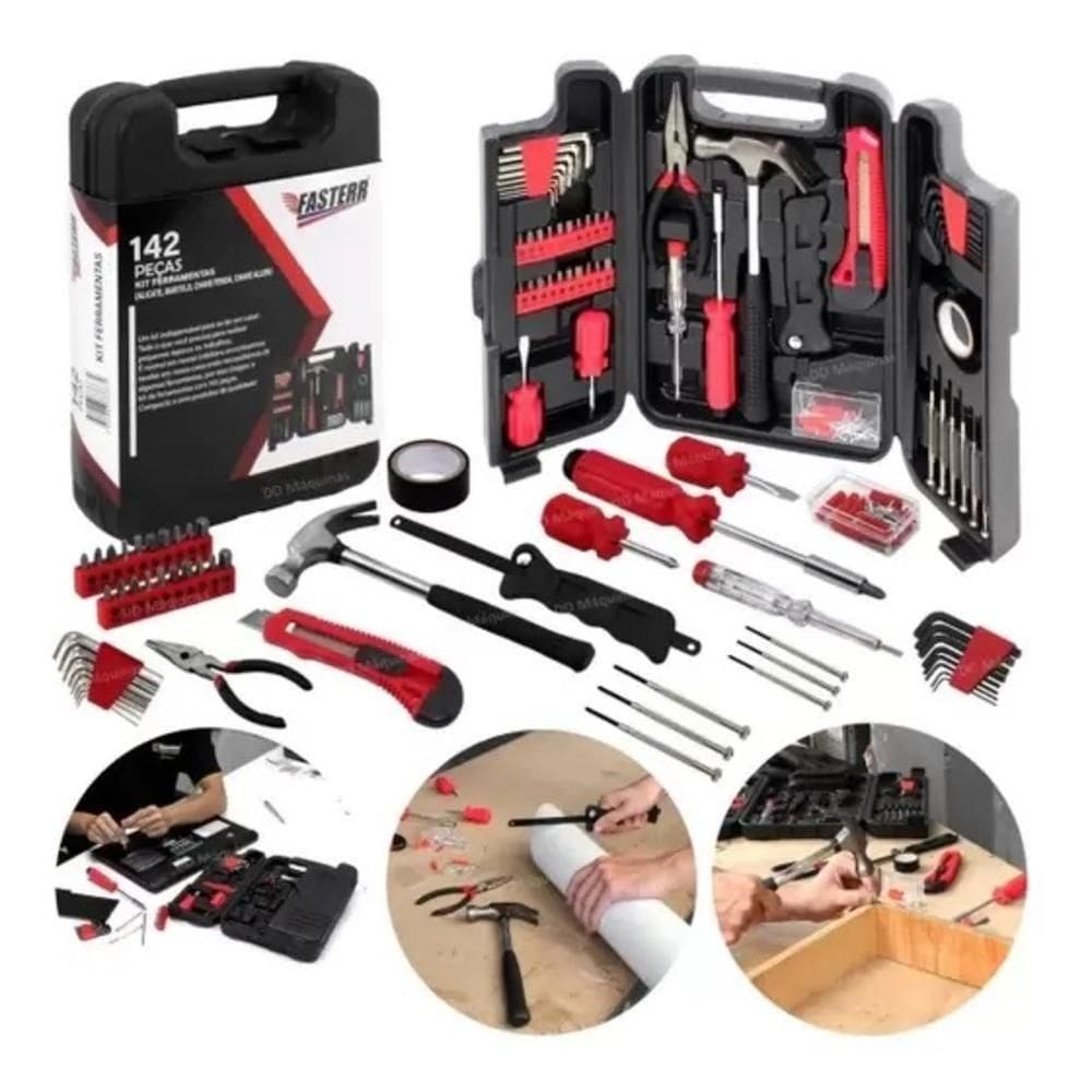 Kit De Ferramentas Completa 142 Peças Maleta Chaves Martelo Soquetes Jogo Multiuso Manuais