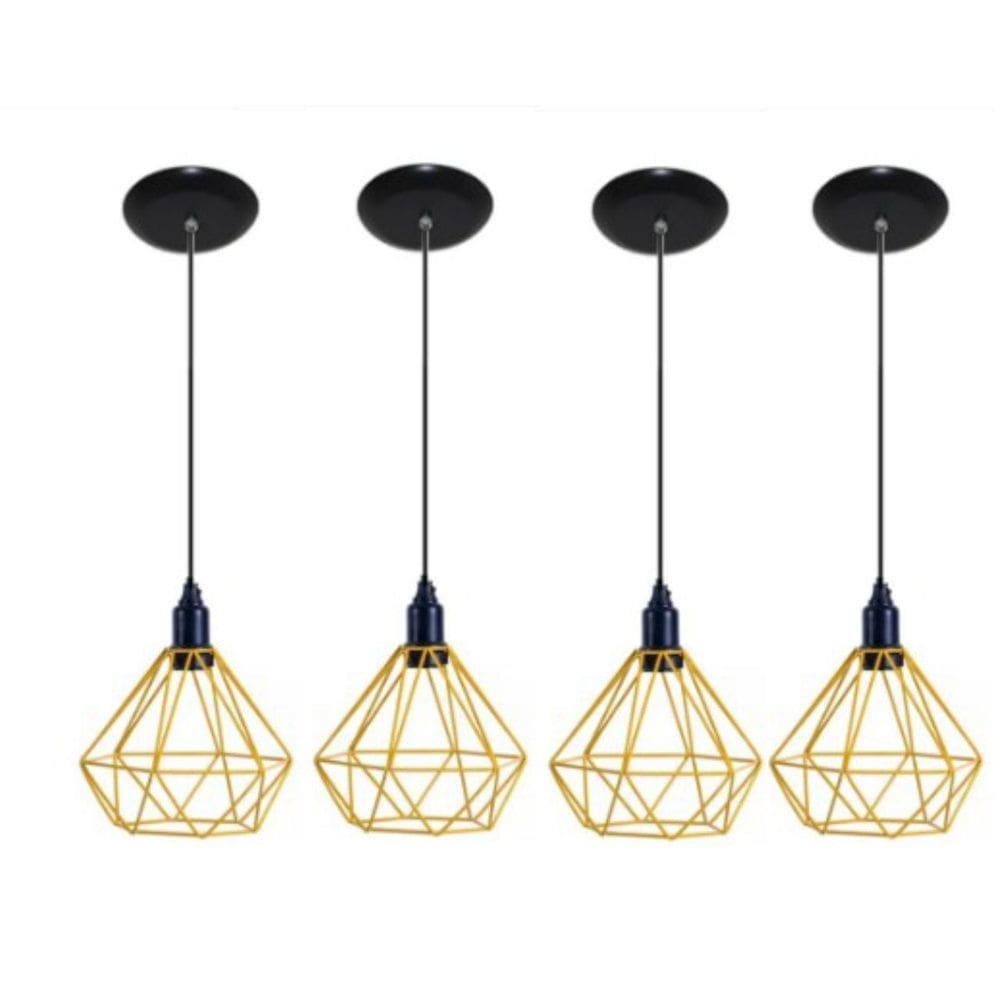 Kit 4 Lustres Aramado Retrô Diamante 18X18Cm Amarelo Md8003